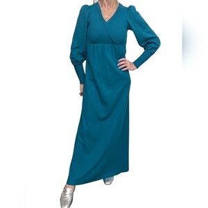 Vintage Hubba Hubba Teal Knit Maxi Dress Puff Sleeve 70s Boho Retro Size 5/6